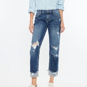 Kancan Russell Mid Rise Boyfriend Jeans distressed chewed hem